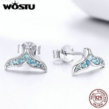 WOSTU Mermaid Tail Fishtail Stud Earrings 925 Silver Blue Zircon Tiny Earrings F - $18.93