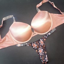 Nwt Victoria&#39;s Secret 34DDD Bra Set S Thong Panty Pink Black Floral Shine Strap - £62.94 GBP
