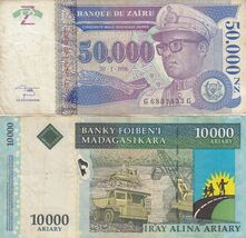 Zaire, Madagaskar, Menge Von 2, Verschiedene, Banknoten Sammlung - $10.56