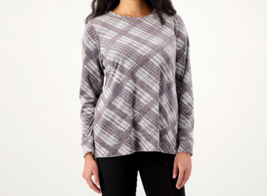 Denim &amp; Co. Printed Velour Pullover with Hi-Low Hem- Grey Plaid, SMALL - £18.49 GBP