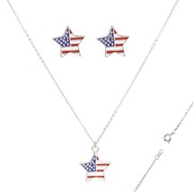 American Flag Star Pendent Silver Stars and Stripes Chain Women Necklace Set - £15.65 GBP