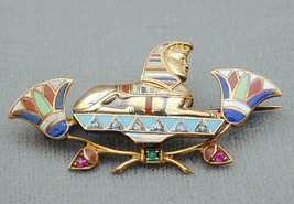 Art Deco Egyptian Revival 14k Enamel Sphinx Pin Ruby Emerald Mine Cut Di... - $3,000.00