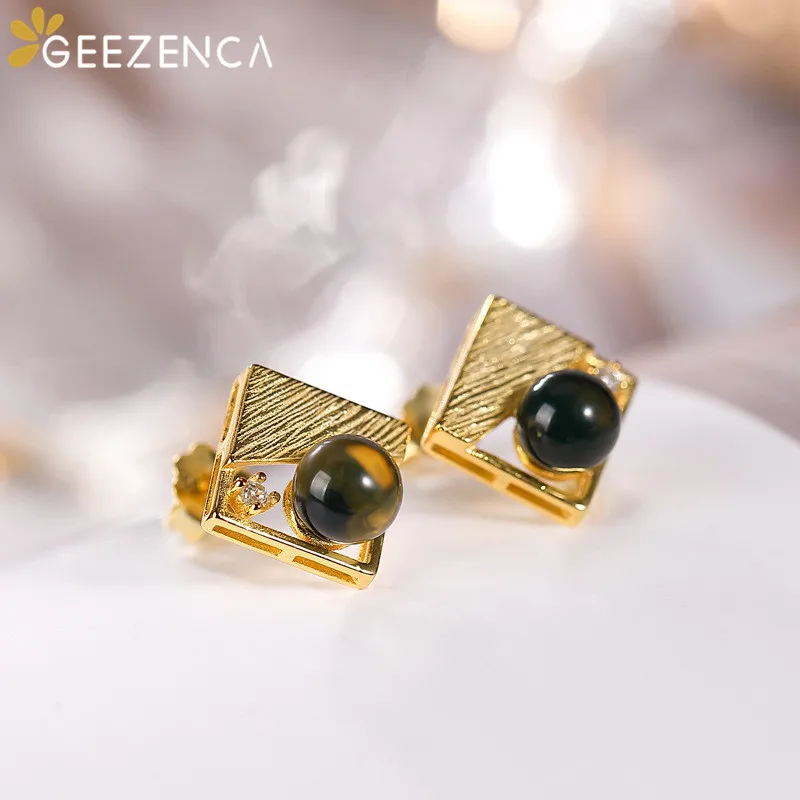 S925 Silver Gold Plated Natural Mexican Blue Amber Earrings For Women Small Luxu - £42.85 GBP
