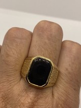 Vintage Onyx Noir Incrustation Doré Acier Inoxydable Homme Taille Bague 12 - £28.48 GBP