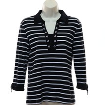 Karen Scott Women&#39;s Striped Shirt S Small Black White Collared 3/4 Sleeve EUC - £11.47 GBP