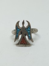 Vintage Sterling Silver 925 Native American Turquoise Coral Inlay Ring Size 4 - £19.54 GBP