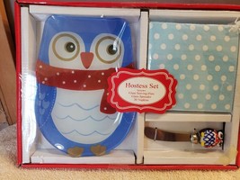 NEW Christmas Winter Hostess Set Blue Owl Glass Platter, Spreader, Napkins FS - £23.73 GBP