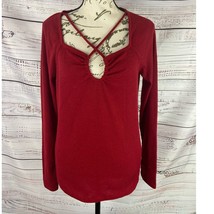 Maurices Keyhole Cut Out Top Womens Large Ribbed Knit Long Sleeves Stretch Red - £5.66 GBP