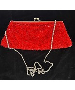 Vintage Red Beaded Handbag 11 x 4.5&quot; Kiss Me Lock Red Fabric Lined Long ... - $367.33 MXN