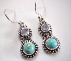 Round Turquoise and Moonstone 925 Sterling Silver Double Gem Earrings - £14.32 GBP
