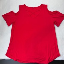 Cold Shoulder Top Criss Cross V Neck Short Sleeve Blouse Red Size L - $27.72