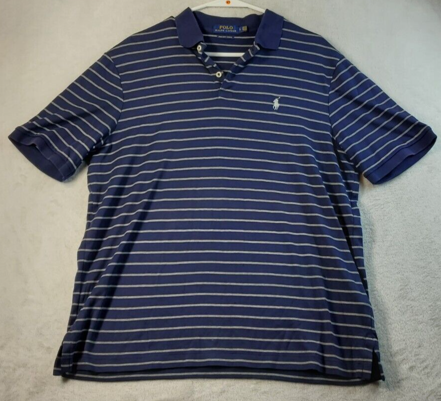 Primary image for Polo Ralph Lauren Polo Shirt Mens Large Navy White Striped Short Sleeve Collared