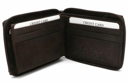 Bifold Genuine Cow Leather Brown Color Zip-Around Wallet - 9 Card Pockets - £9.37 GBP