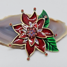 Vintage Enamel Red Rhinestone Poinsettia Christmas Brooch Pin - £11.55 GBP