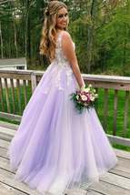 Lilac A-line V-neck Evening Dress, Long Prom Dresses With Appliques - £139.65 GBP