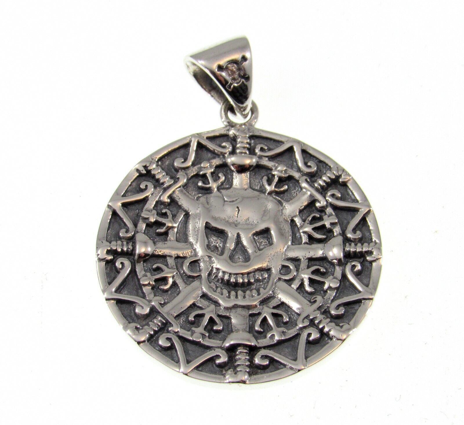 Primary image for Handcrafted Solid 925 Sterling Silver Aztec Mayan Pirate Skull Coin Pendant