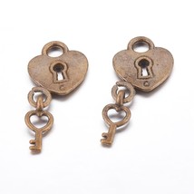 2 Heart Lock and Key Charms Antiqued Bronze Steampunk Pendants - £3.16 GBP