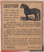 Vintage Print Ad Sampson Percheron Norman Stallion Shambaugh Iowa 4 1/2&quot;... - £5.67 GBP