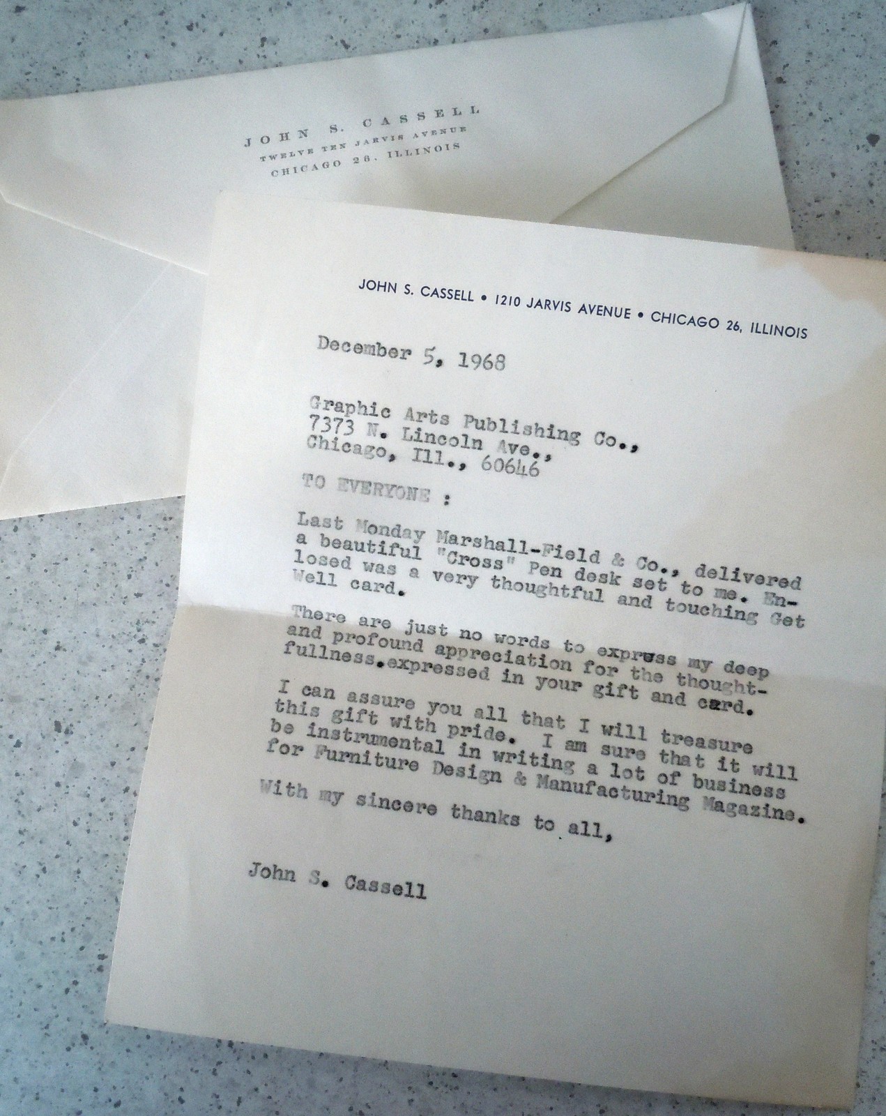 Vintage Correspondence From John  Cassell A Thank You For Gift 1968 - $2.99