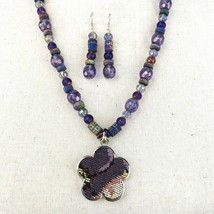 Purple Crystal Necklace Earrings Silver Tone Jewelry Set Flower - £39.95 GBP