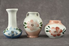 Vintage 3PC Lot Art Pottery Miniature Floral Flower Vases Pink &amp; Blue Signed FS - $18.93