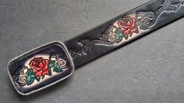 ROSES Beautiful Roses  Genuine Black Leather Belt with Matching Leather ... - £30.59 GBP