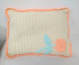 Crocheted Pillow Cover Cream Orange Trim Flower Pillow Insert Included Shabby - $29.02