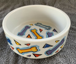 Colorful Bones Themed Dog Food Bowl Water Dish 6” Blue Red Orange Stoneware - £11.87 GBP