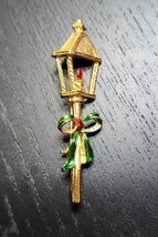 Vintage New View Christmas Lamp Post Brooch Gold Tone with Enamel Accents - $16.79
