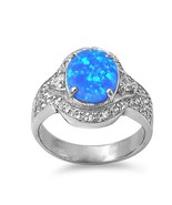 Opal Ring Sterling Silver October Oval Blue Simulated Opal Ring - £51.10 GBP+