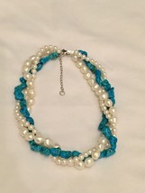 Triple strand turquoise stone and pearl 16 inch collar necklace 925 silver clasp - £40.49 GBP