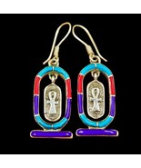 Handmade Cute DANGLE Silver Earrings Ancient Egyptian Cartouche with Ank... - £24.75 GBP