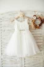 Lace Tulle Spaghetti Straps Wedding Flower Girl Dress with Beaded Belt - £86.32 GBP+