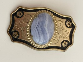 Vintage Gold Western Cowgirl Belt Buckle 3&quot; Faux Blue Stone Metal Unused - $298.23 MXN