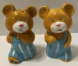 Salt &amp; Pepper Shakers Teddy Bears in Blue and White Overalls Vintage - $8.99