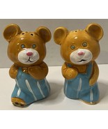 Salt &amp; Pepper Shakers Teddy Bears in Blue and White Overalls Vintage - $8.99