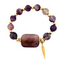 Women&#39;s Stretch Bracelet Fashion Jewelry Gold Tone Spacers &amp; Charm Natural Stone - £9.49 GBP