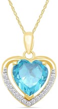 6 Ct Simulated Blue Topaz &amp; Diamond Heart Necklace 18&quot; in 14k Yellow Gold Plated - £79.24 GBP