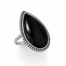 Large Black Pear Cut Onyx Beaded Edge Ring 925 Sterling Silver Solitaire Band - £148.57 GBP