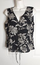 Spenser Jeremy Black White Floral Sleeveless V-Neck Lace-Up Blouse Size Small - £7.44 GBP
