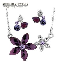 Neoglory Purple Crystal Flower Wedding Necklace &amp; Earrings Sets Fashion Indian J - £33.90 GBP