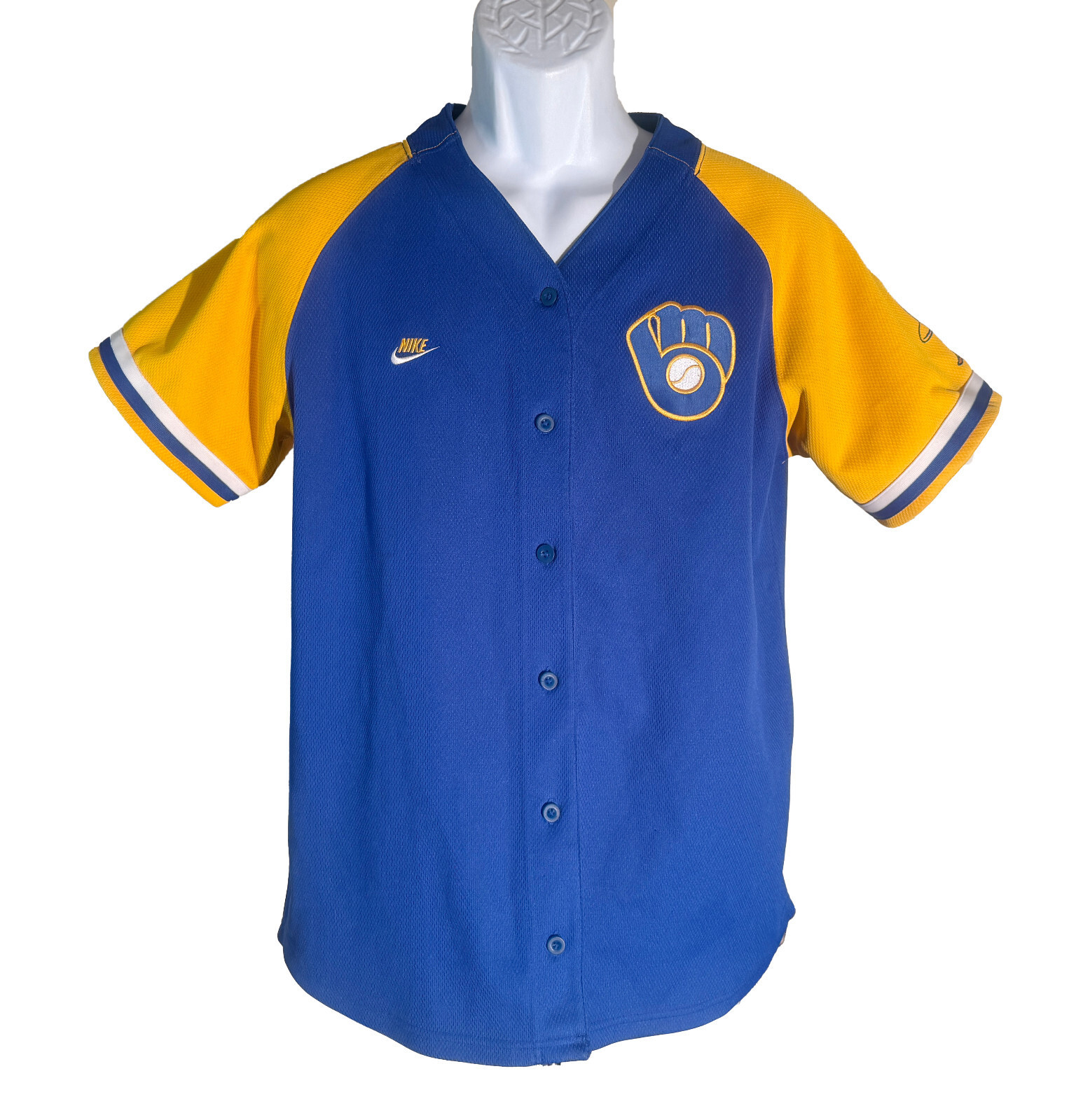 Milwaukee Brewers Woman&#39;s Shirt Size S Blue Yellow Classic Ball and Glov... - $10.88