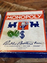 Vintage Monopoly Game Blue Box Single Patent Money Wood Pieces Green Dice 1947 - £38.88 GBP