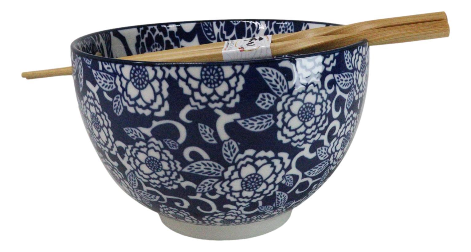 Blue Botanica Floral Blossoms 20Oz Donburi Ramen Soup Bowl With Chopstic... - $19.99