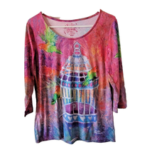 Leoma Lovegrove Art Shirt Small Pink Bird Cage Tropical Parrot Pink Blue - £14.23 GBP