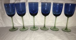 Cobalt Blue Green Stem Wine Goblet Glass Set of 6 Tall 9.25” x 3.25” - $54.99