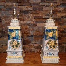 Vintage Handcrafted Ceramic Mosaic Cracked Tile Lemon Table Lamps Pair - Working - £319.74 GBP