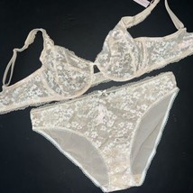 Victoria&#39;s Secret Unlined 36DD Bra Set Xxl Panty Beige White Lace Floral Body By - £54.29 GBP