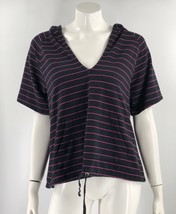 New York &amp; Company Top Large Black Pink Striped Hooded Shirt Stretch Drawstring - £12.66 GBP