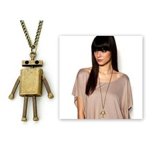 Cute Robot Charm Necklace 2.5&quot; Pendant Antique Bronze Tone Metal 28&quot; Long Chain - £7.07 GBP